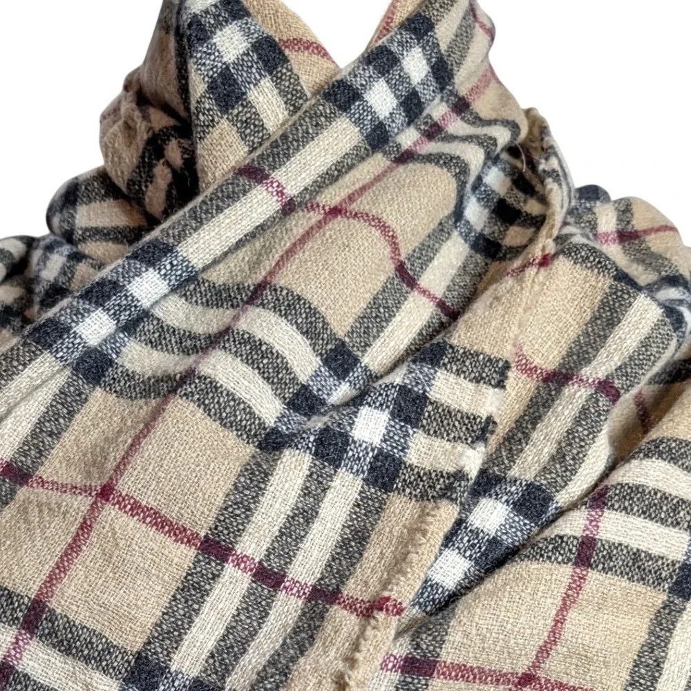 Burberry 100% Cashmere Large Shawl Blanket Scarf Nova Check Tan Oversized Fringe